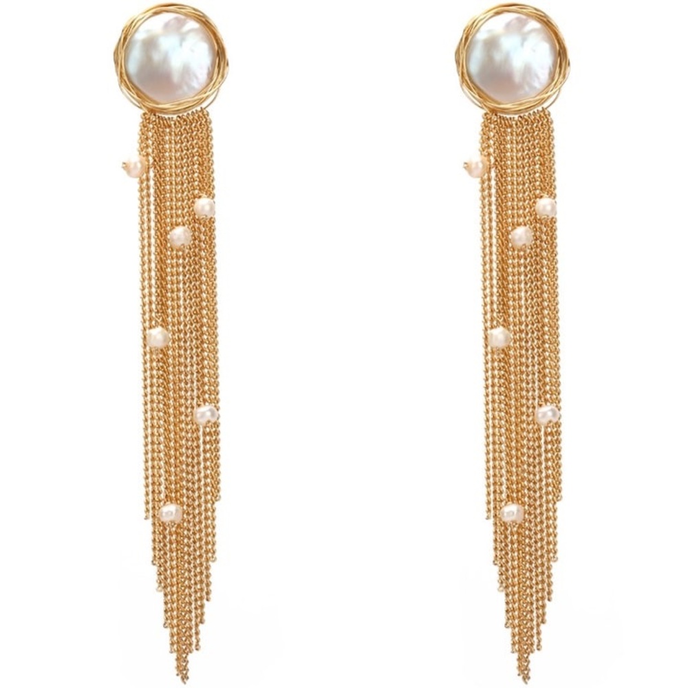 Freshwater Pearls and Gold Tassel Drop Earrings